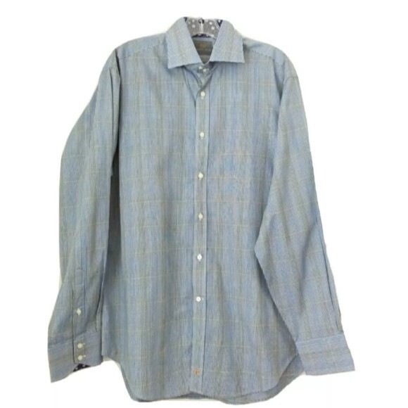 Thomas Dean | Men Size L Blue Pima Cotton Plaid Button Up Shirt - Picture 1 of 8